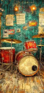 Vintage drum set in a rustic music room.