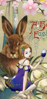 Vintage Easter wallpaper with rabbit and girl in colorful attire.