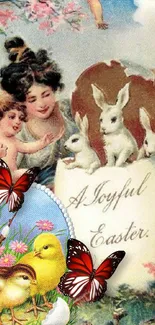 Vintage Easter art with bunnies and butterflies.