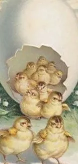 Vintage Easter wallpaper with chicks hatching from an egg.