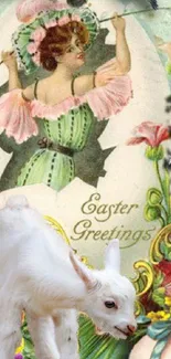 Vintage Easter greeting wallpaper with flowers and a lamb.