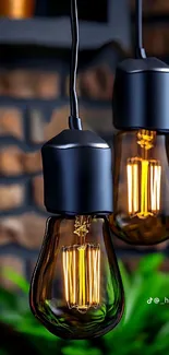 Close-up of vintage Edison bulbs against a rustic brick wall.