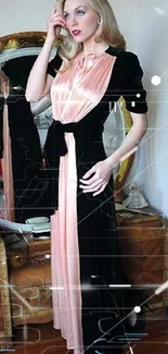 Vintage woman in peach and black dress near a mirror, reflecting elegance.