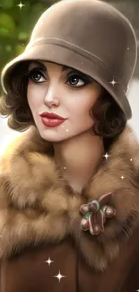 Vintage digital art of a woman in classic attire with a fur coat and cloche hat.