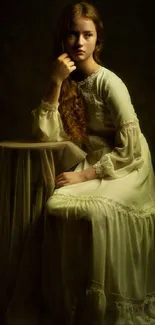 A vintage-inspired portrait of a woman in a soft, elegant dress with moody lighting.