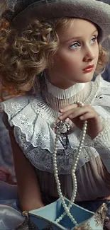 Elegant young girl in vintage attire with pearls, Victorian style.