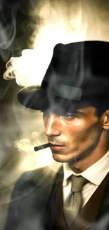 Man in suit and hat smoking with smoke effect.