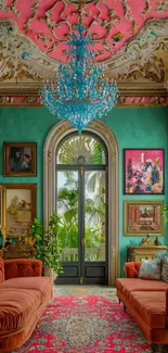 Vintage-style living room with ornate decor and chandelier.