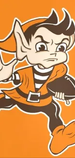 Cartoon elf in football attire on orange background.