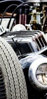 Close-up of a vintage car engine showcasing classic design.