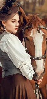 Woman in vintage attire with horse in an elegant autumn setting.