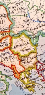 Vintage European map with colorful borders.