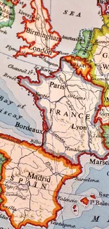 Vintage map of European countries with highlighted borders.