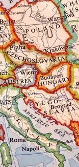 Vintage map of Europe with borders and cities.