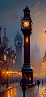 Vintage evening street scene with glowing lamps and clock tower.