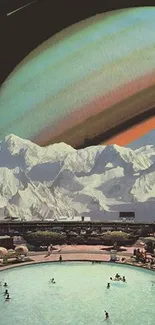 Vintage sci-fi wallpaper with Saturn and mountains.