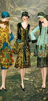 Vintage Art Deco fashion illustration with colorful dresses on a textured forest path.