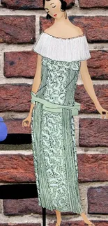 Illustration of a woman in a vintage dress against a brick wall.