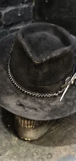 Vintage fedora hat with chain and feather on rustic background.