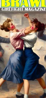 Vintage styled art of two women fighting passionately with retro flair.