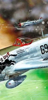 Vintage fighter jet artwork with vibrant colors and historical aviation theme.