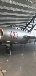 Vintage fighter jet in aviation museum display.