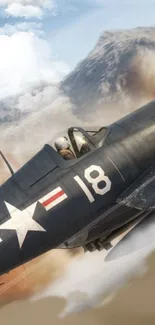 Vintage fighter plane soaring through the sky amidst clouds.