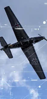 Vintage fighter plane flying in blue cloudy sky.