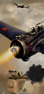 Action-packed vintage fighter planes battle in dramatic sky scene.