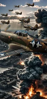 Fighter planes over a burning cityscape.
