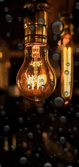 Vintage filament bulb with water droplets on dark background.