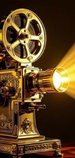 Vintage film projector with a golden glow casting light.