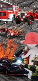 Vintage fire engines and modern firefighter with car on fire.