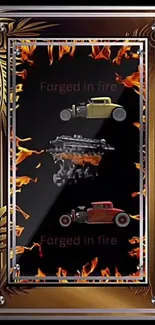 Vintage car wallpaper with fiery frame design.