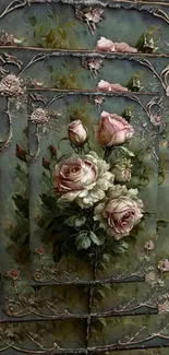 Vintage phone wallpaper with pink roses and intricate design.