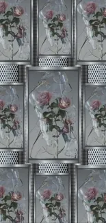 Vintage wallpaper featuring artistic roses in a vase with a grey background.