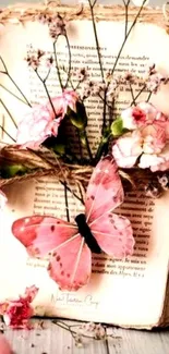 Vintage book with pink flowers and butterfly décor.