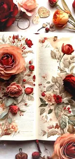 Open book adorned with roses and floral designs.