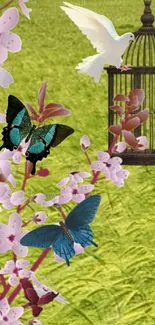 Olive green wallpaper with butterflies, pink flowers, and a rustic birdcage.