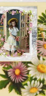 Vintage child portrait with floral accents in a pastel wallpaper.