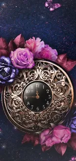 Vintage floral clock with roses and butterflies on a deep blue background.