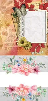 Vintage floral collage wallpaper with pastel flowers and paper texture.