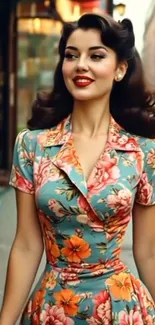 Woman in vintage floral dress walking in city.