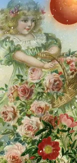 Vintage girl with rose basket in a dreamy floral setting.