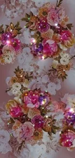 Elegant vintage floral wallpaper with glowing blossoms in pink hues.