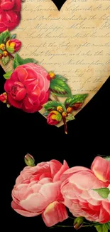 Vintage heart wallpaper with red roses on black background.