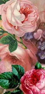 Vintage floral wallpaper with pink roses and green leaves.