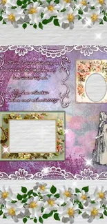 Vintage floral mobile wallpaper with lace and artistic elements in purple hues.