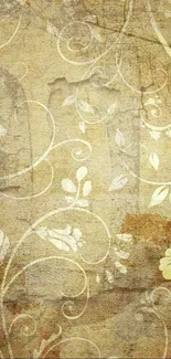 Vintage floral wallpaper with beige tones and intricate patterns.