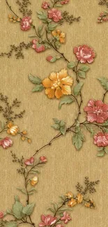 Vintage wallpaper with pink and yellow flowers on a beige background.